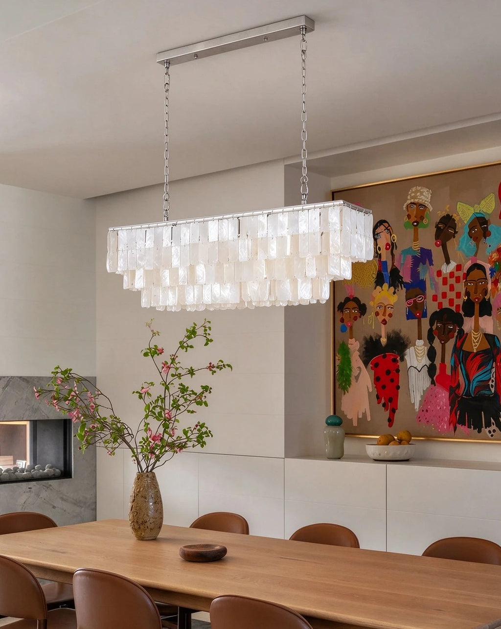 Modern Silver Shell Linear Chandelier in Designer Dining Setting