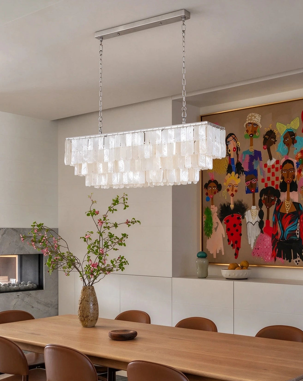 Modern Silver Shell Linear Chandelier in Designer Dining Setting