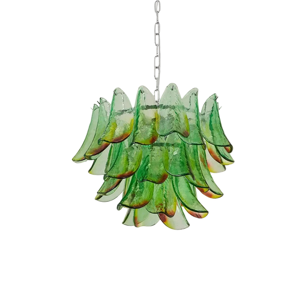 Modern Cascading Green Gradient Feather Art Glass Chandelier with Chain on Pure White Background