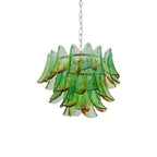 Modern Cascading Green Gradient Feather Art Glass Chandelier with Chain on Pure White Background