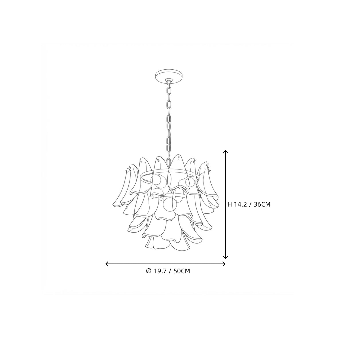Modern Cascading Green Gradient Feather Art Glass Chandelier Style A Line Art Dimension Diagram