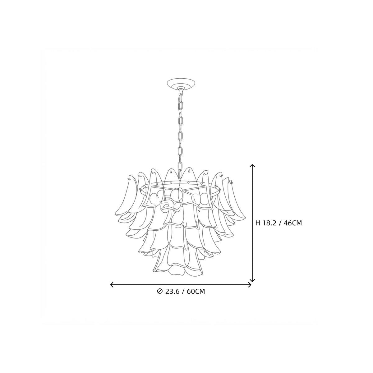 Modern Cascading Green Gradient Feather Art Glass Chandelier Style B Line Art Dimension Diagram