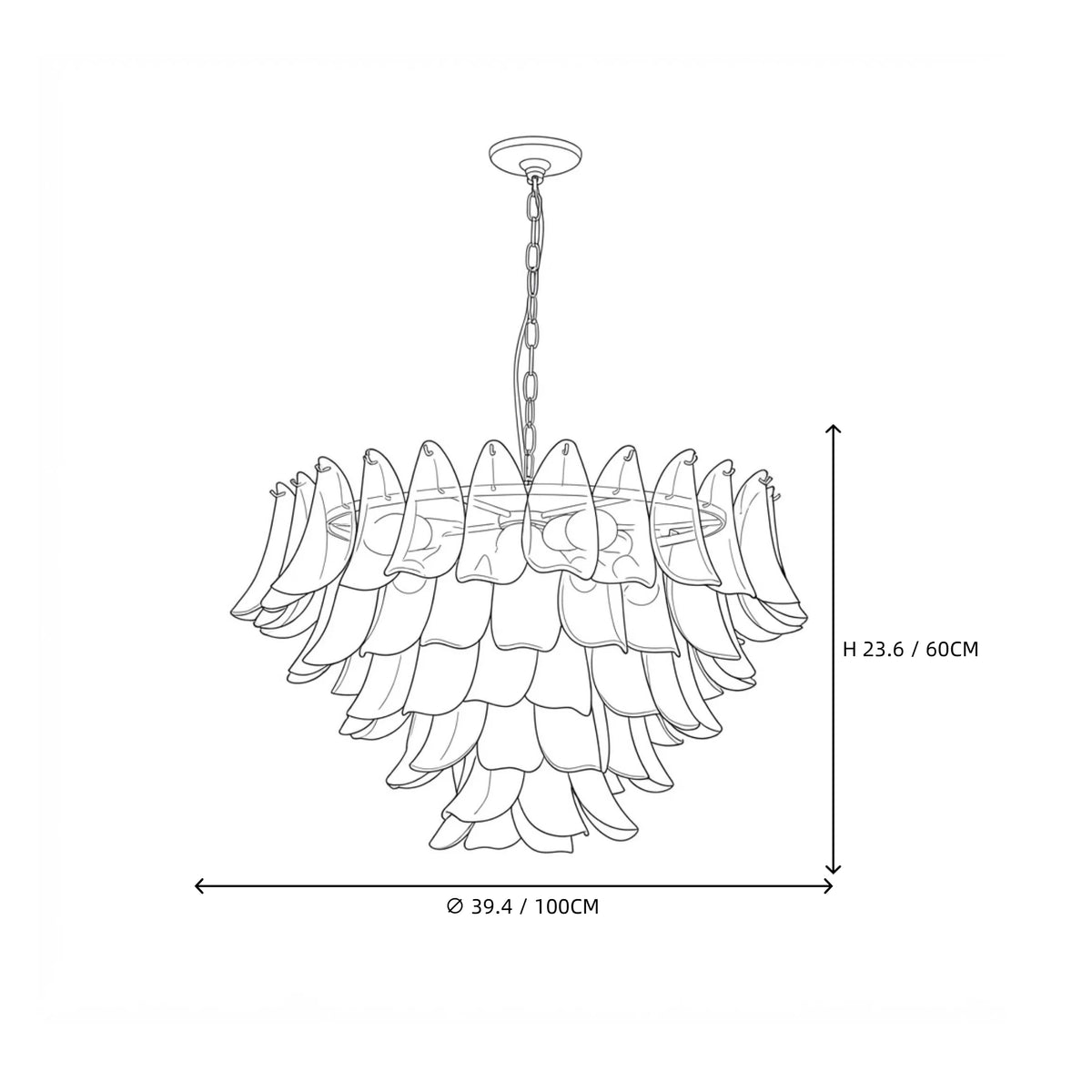 Modern Cascading Green Gradient Feather Art Glass Chandelier Style D Line Art Dimension Diagram