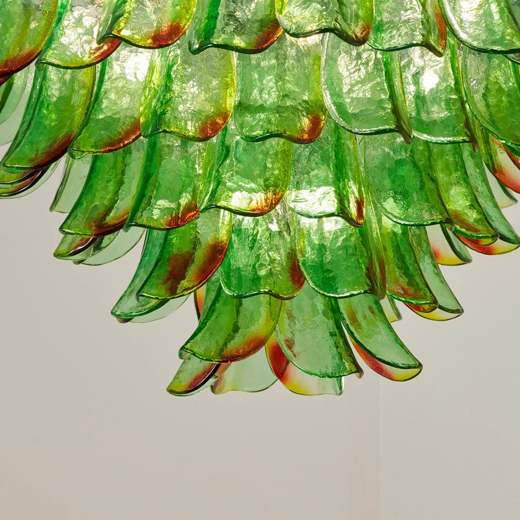 Close Up View of Illuminated Green Gradient Feather Art Glass Petals