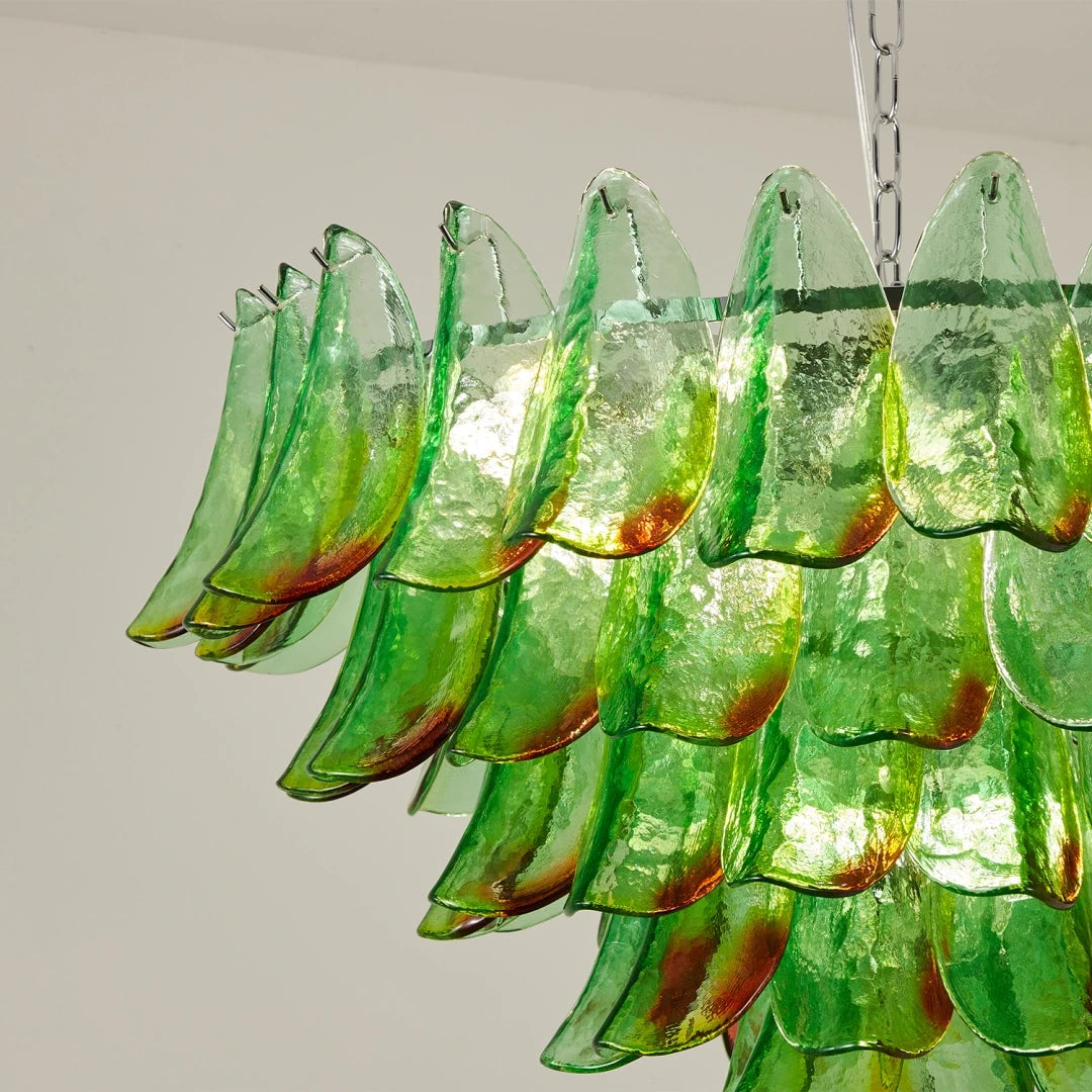 Detail View of Green Gradient Feather Art Glass Shades and Internal Lighting