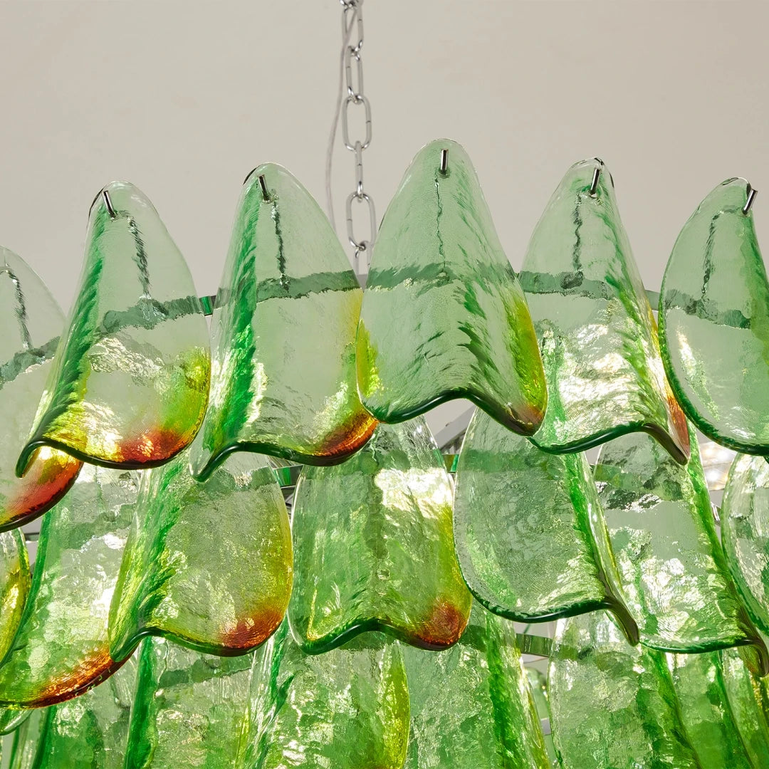 Close Up View of Green Feather Art Glass Petals and Suspension Chain