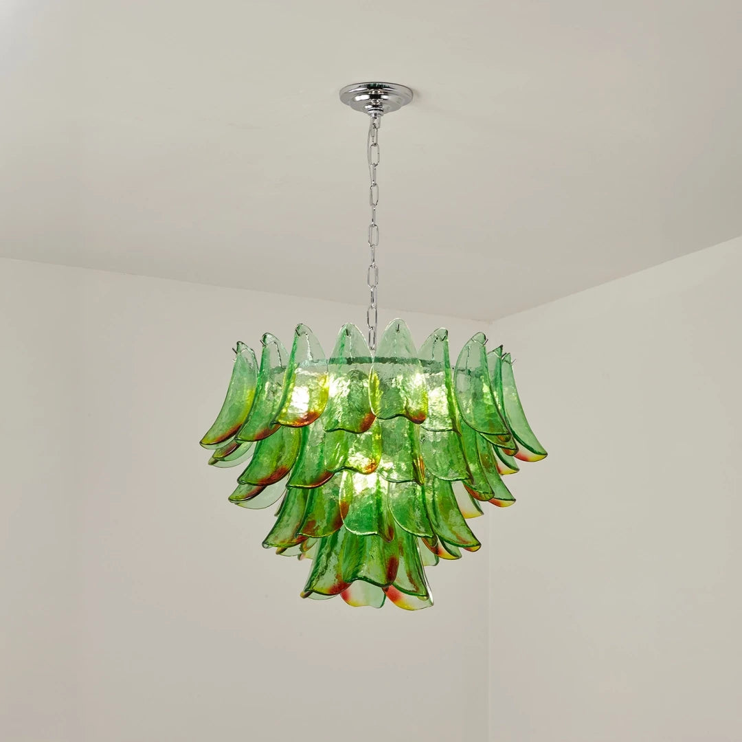 Angled View of Illuminated Modern Green Feather Art Glass Chandelier