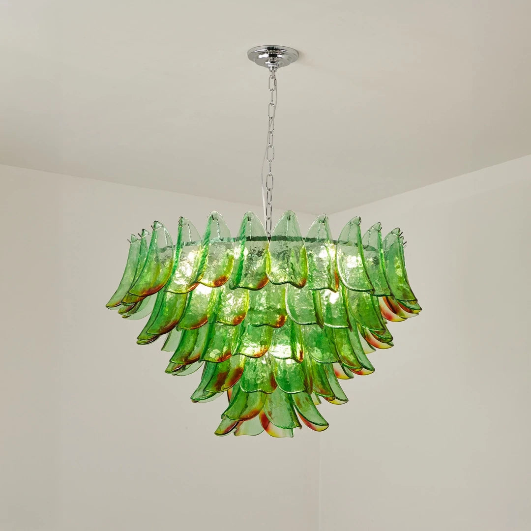 Studio Display of Illuminated Modern Cascading Green Art Glass Chandelier