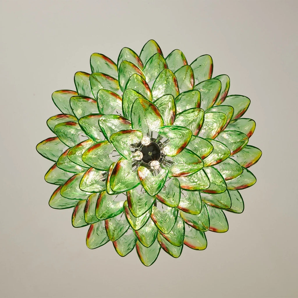 Bottom Up View of Illuminated Modern Green Gradient Feather Art Glass Chandelier