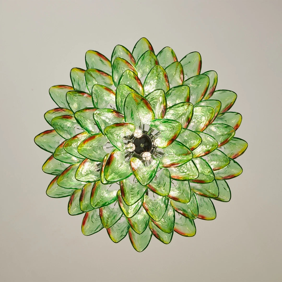 Bottom Up View of Illuminated Modern Green Gradient Feather Art Glass Chandelier
