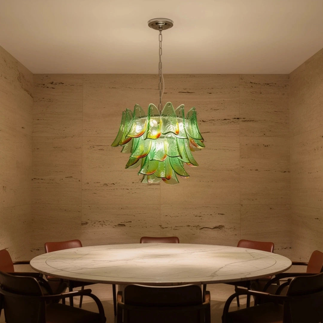 Modern Cascading Art Glass Chandelier Over Round Dining Table