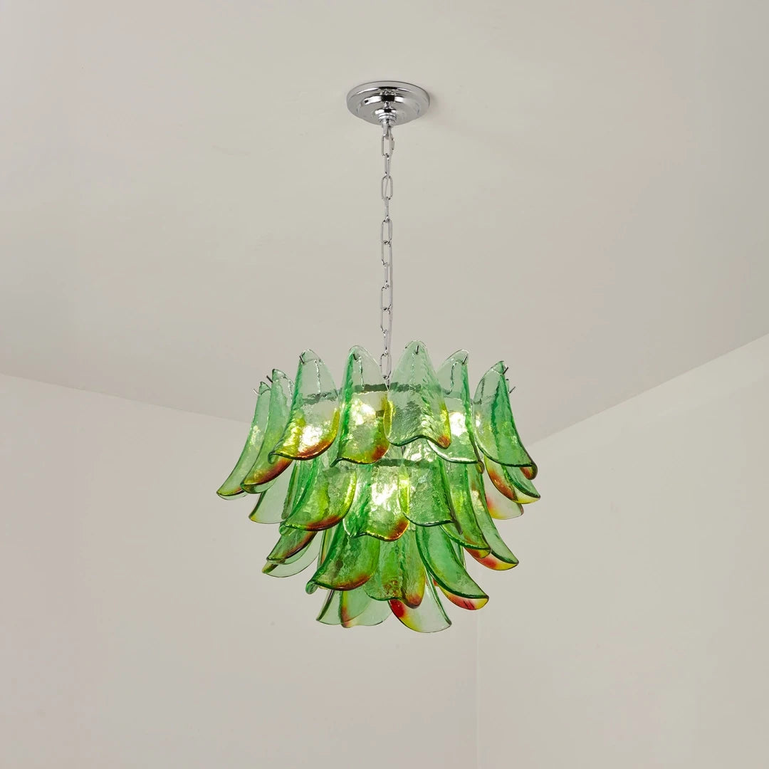 Illuminated Modern Cascading Green Gradient Feather Art Glass Chandelier Studio Shot