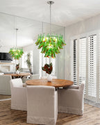 Modern Green Feather Art Glass Chandelier in Dining Area Setting
