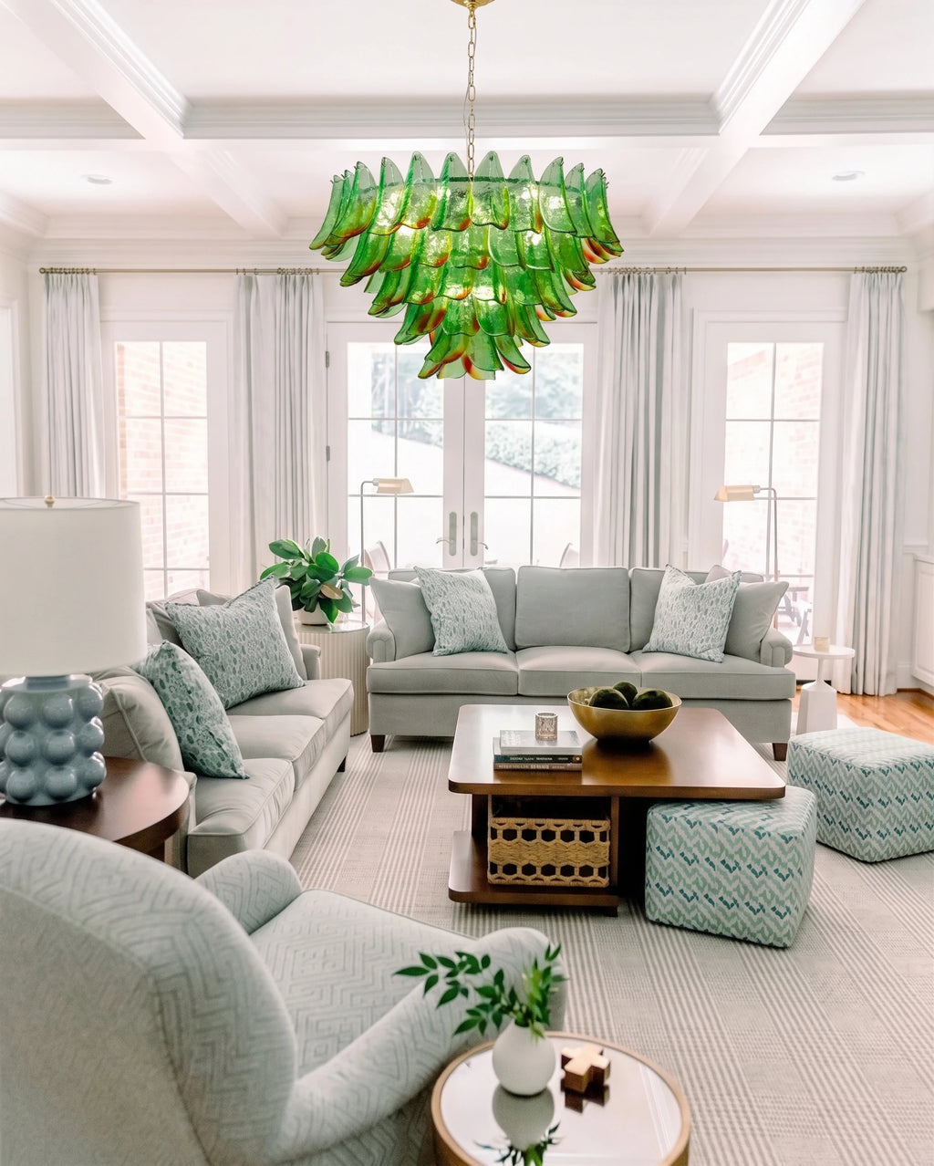 Modern Cascading Green Gradient Art Glass Chandelier in Bright Living Room