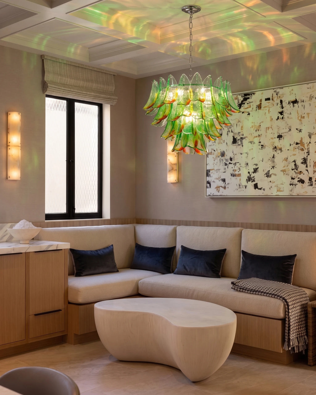 Modern Green Gradient Feather Art Glass Chandelier in Contemporary Living Room