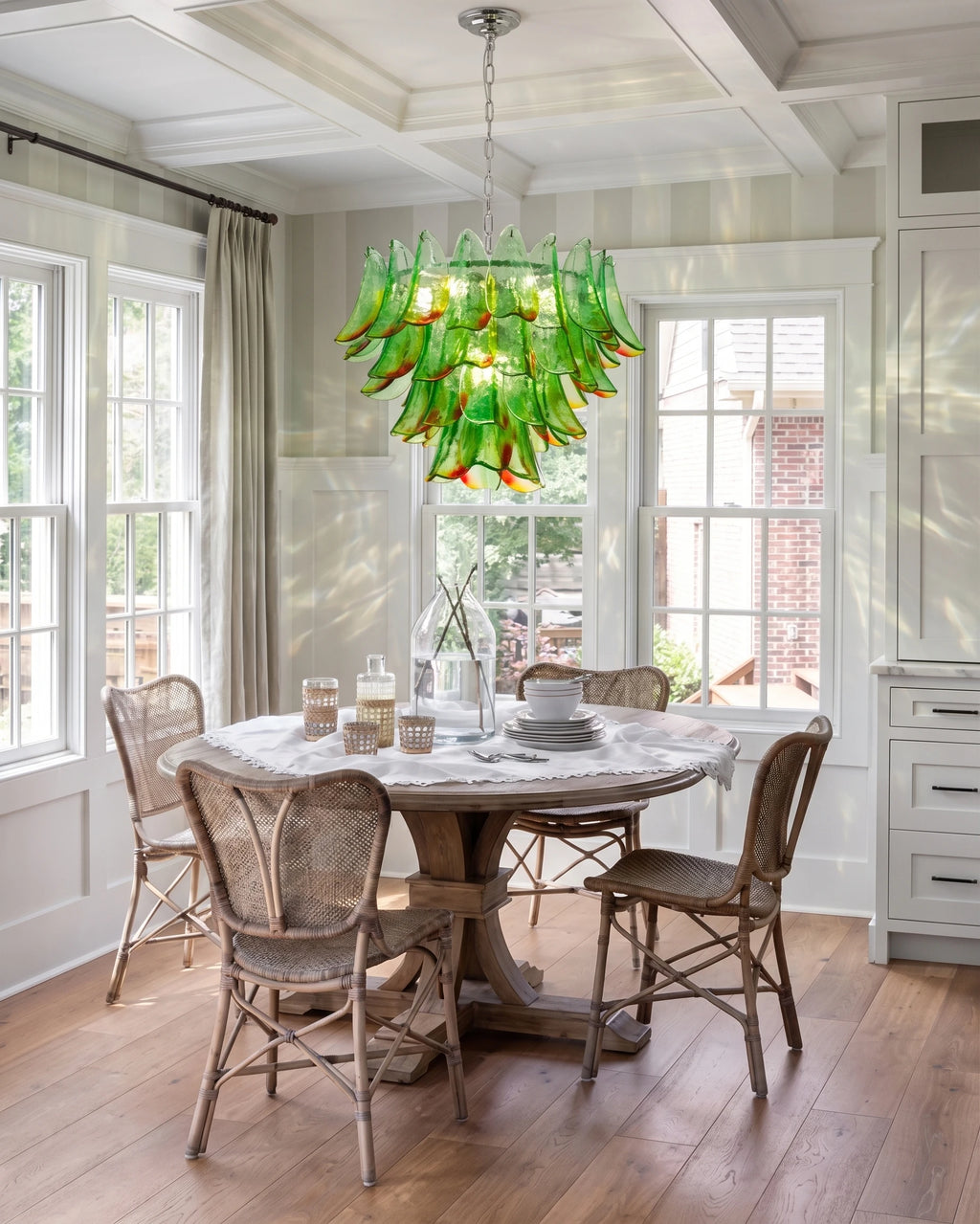 Modern Cascading Art Glass Chandelier Over Wooden Dining Table
