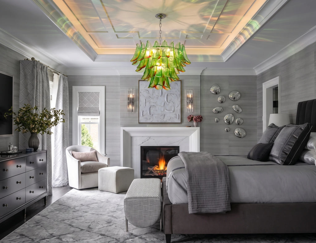 Modern Green Feather Art Glass Chandelier in Master Bedroom Setting