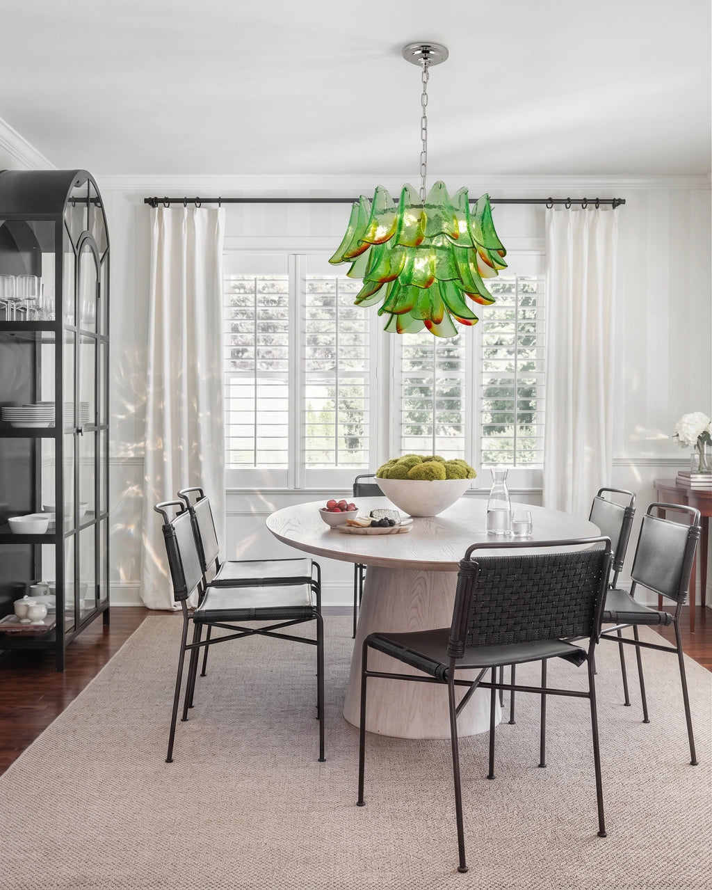 Modern Cascading Green Gradient Art Glass Chandelier Over Round Dining Table