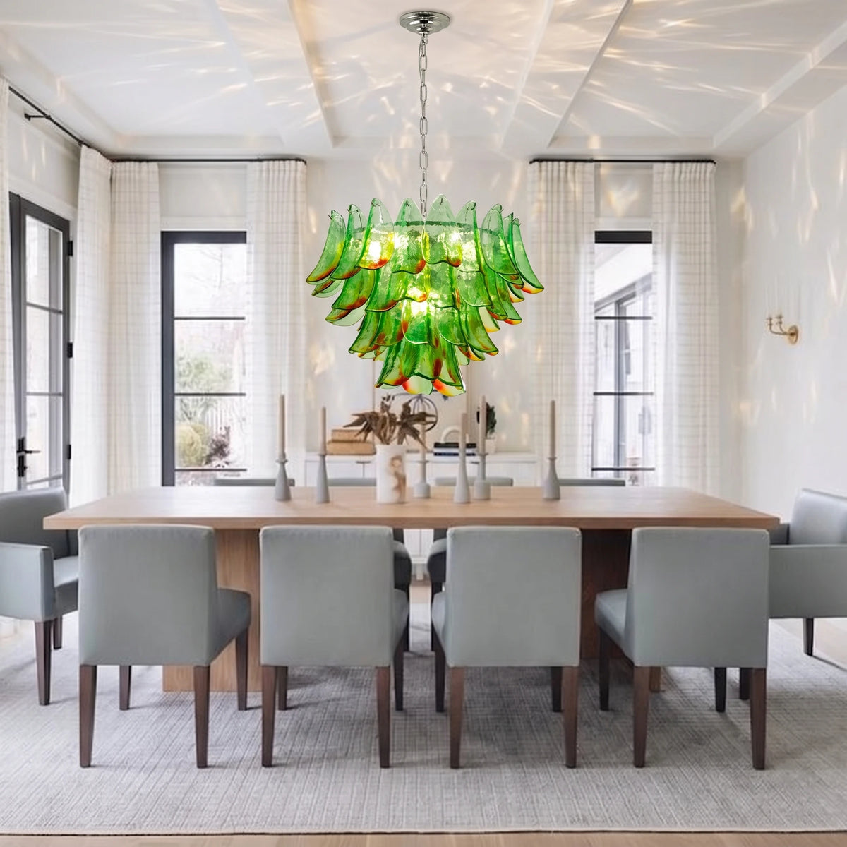 Modern Green Gradient Feather Art Glass Chandelier Over Dining Room Table