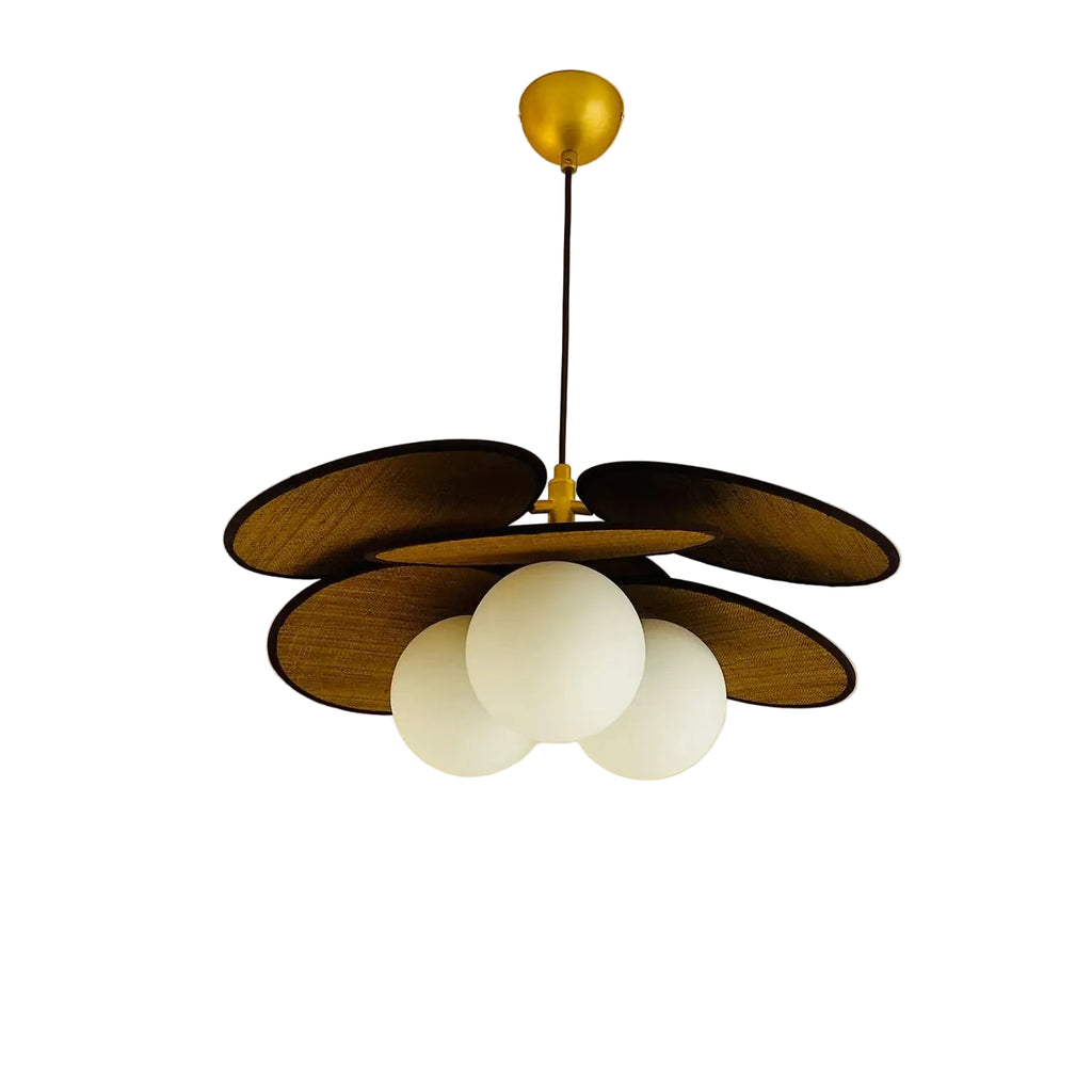 Modern Wood Layered Round Petal Glass Pendant Light with Spherical Globes on Pure White Background
