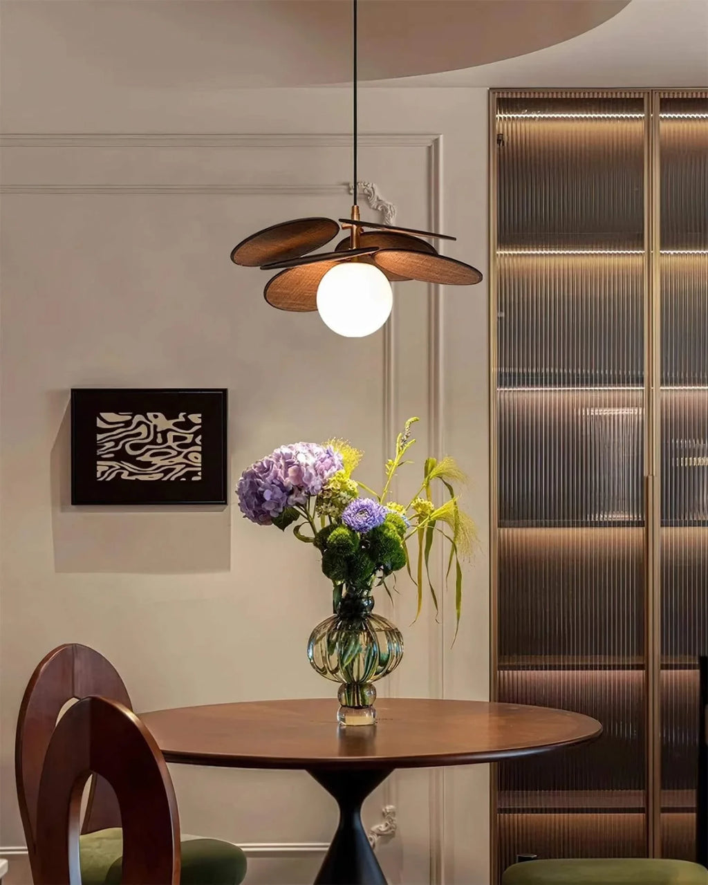 Modern Wood Pendant Light Over Dining Table Setup