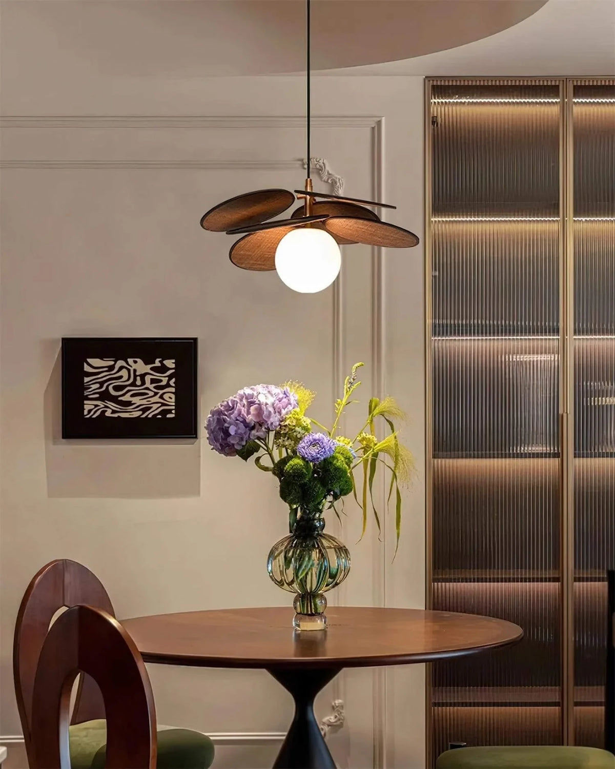 Modern Wood Pendant Light Over Dining Table Setup