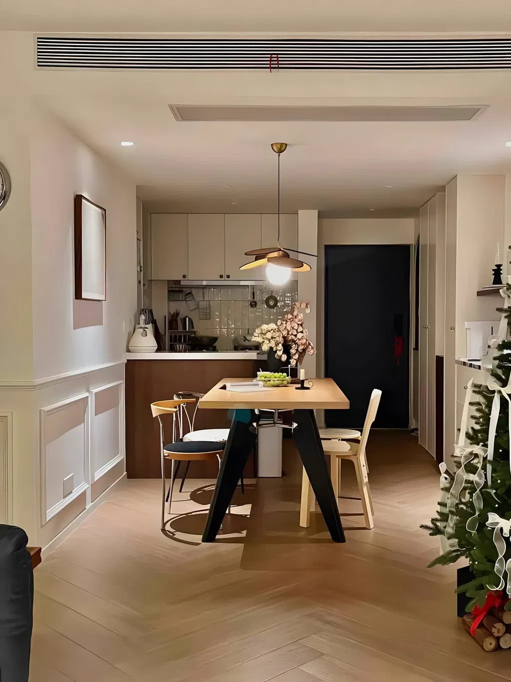 Modern Wood Layered Petal Pendant Light in Open Plan Dining Space