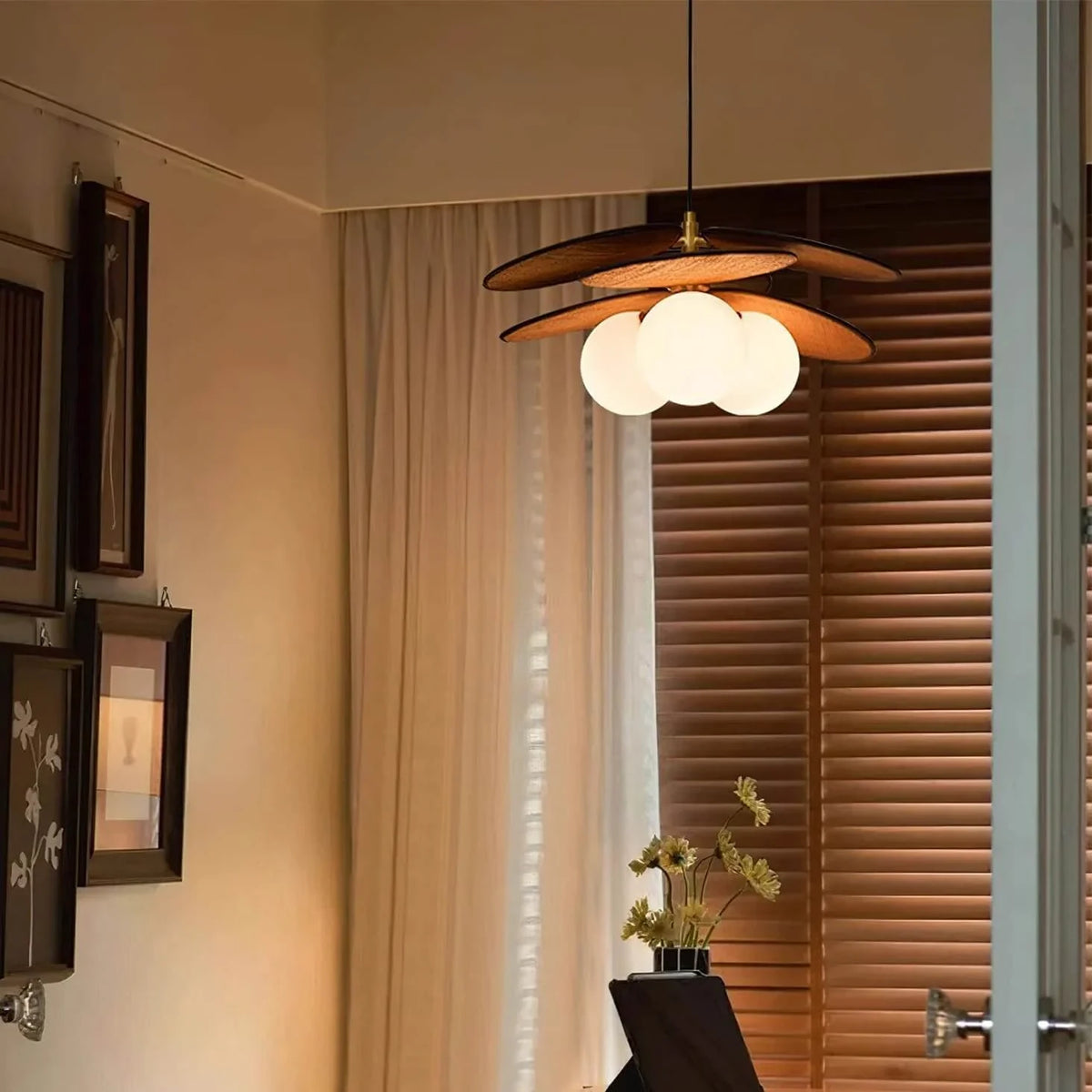 Illuminated Modern Wood Layered Glass Pendant Light in Interior