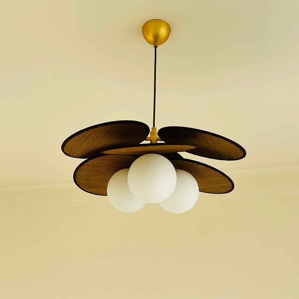 Illuminated Modern Wood Layered Round Petal Pendant Light Studio Shot