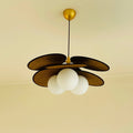 Illuminated Modern Wood Layered Round Petal Pendant Light Studio Shot