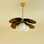 Illuminated Modern Wood Layered Round Petal Pendant Light Studio Shot