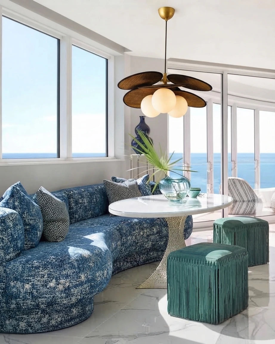 Modern Wood Petal Pendant Light in Coastal Living Room Setting