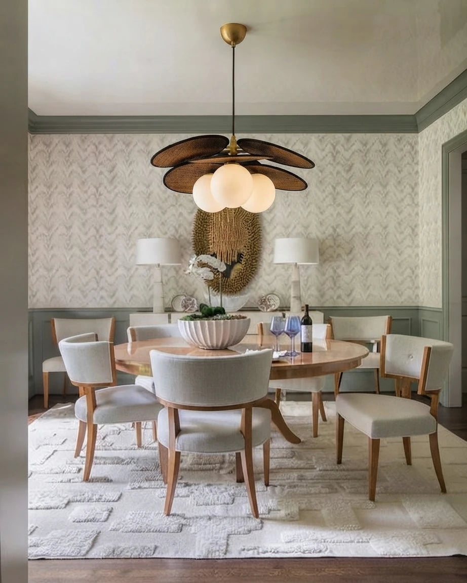 Modern Wood Layered Glass Pendant Light Over Dining Table