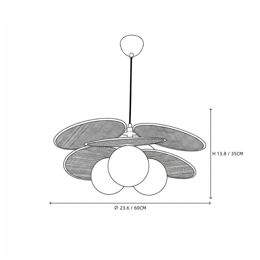 Modern Wood Layered Round Petal Glass Pendant Light Line Art Dimension Diagram