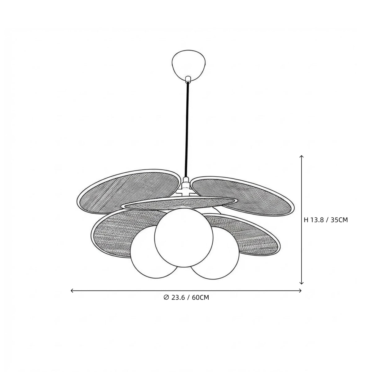 Modern Wood Layered Round Petal Glass Pendant Light Line Art Dimension Diagram