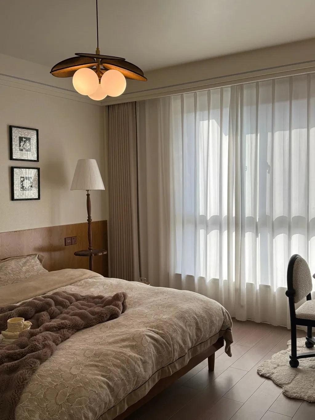 Modern Wood Layered Petal Pendant Light in Bedroom Interior