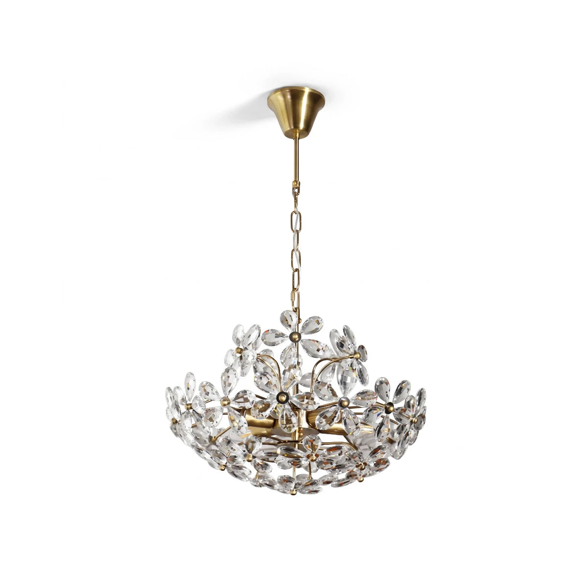 Modern Cascading Crystal Floral Art Glass Chandelier with Brass Chain on Pure White Background