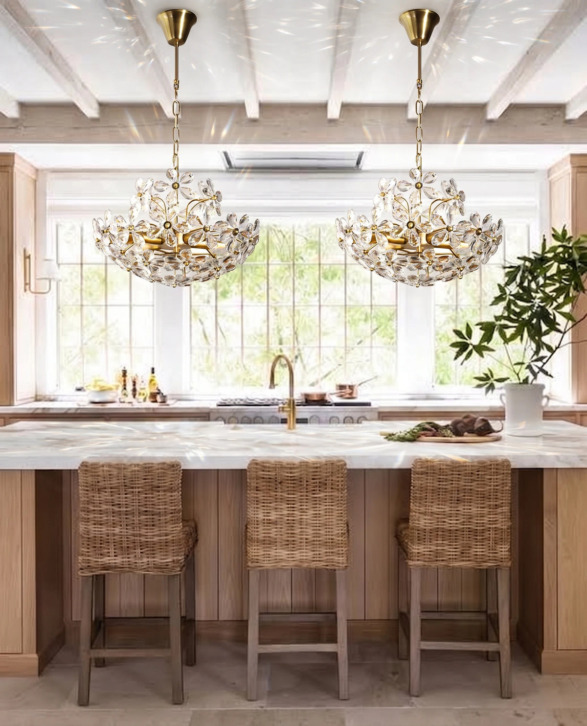Modern Cascading Crystal Art Glass Chandelier Over Kitchen Bar