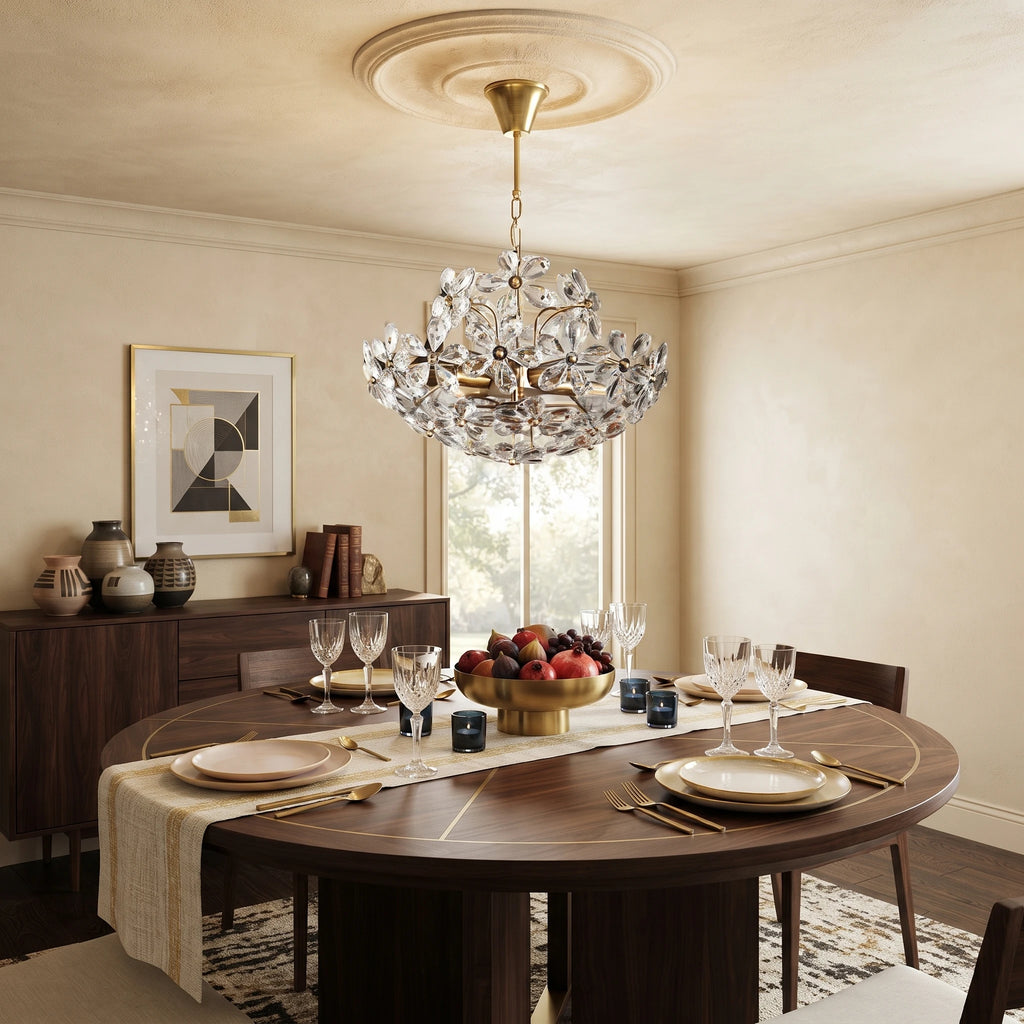Modern Crystal Floral Art Glass Chandelier Over Round Dining Table