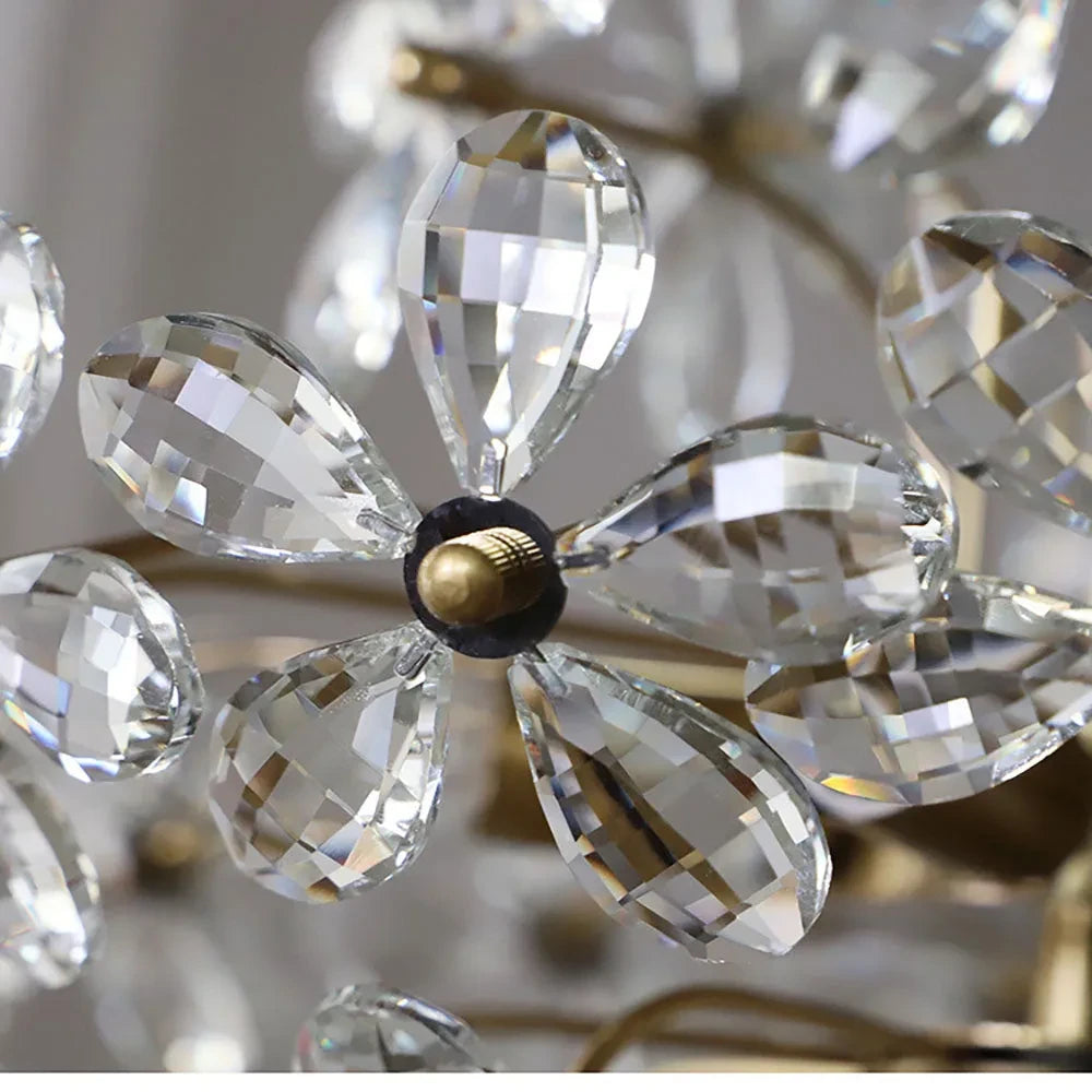Close Up View of Faceted Crystal Flower Petals and Brass Hardware