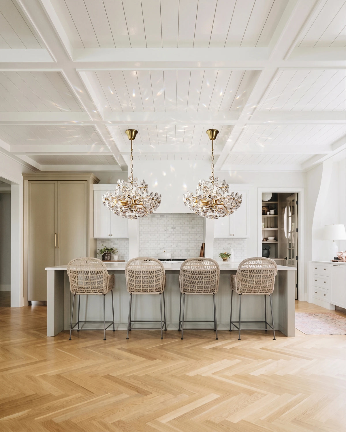 Modern Crystal Floral Chandeliers Over Kitchen Island