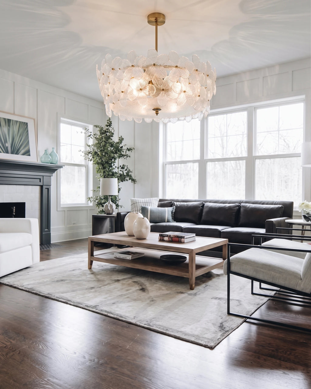 Modern White Floral Art Glass Ceiling Light in Contemporary Living Room