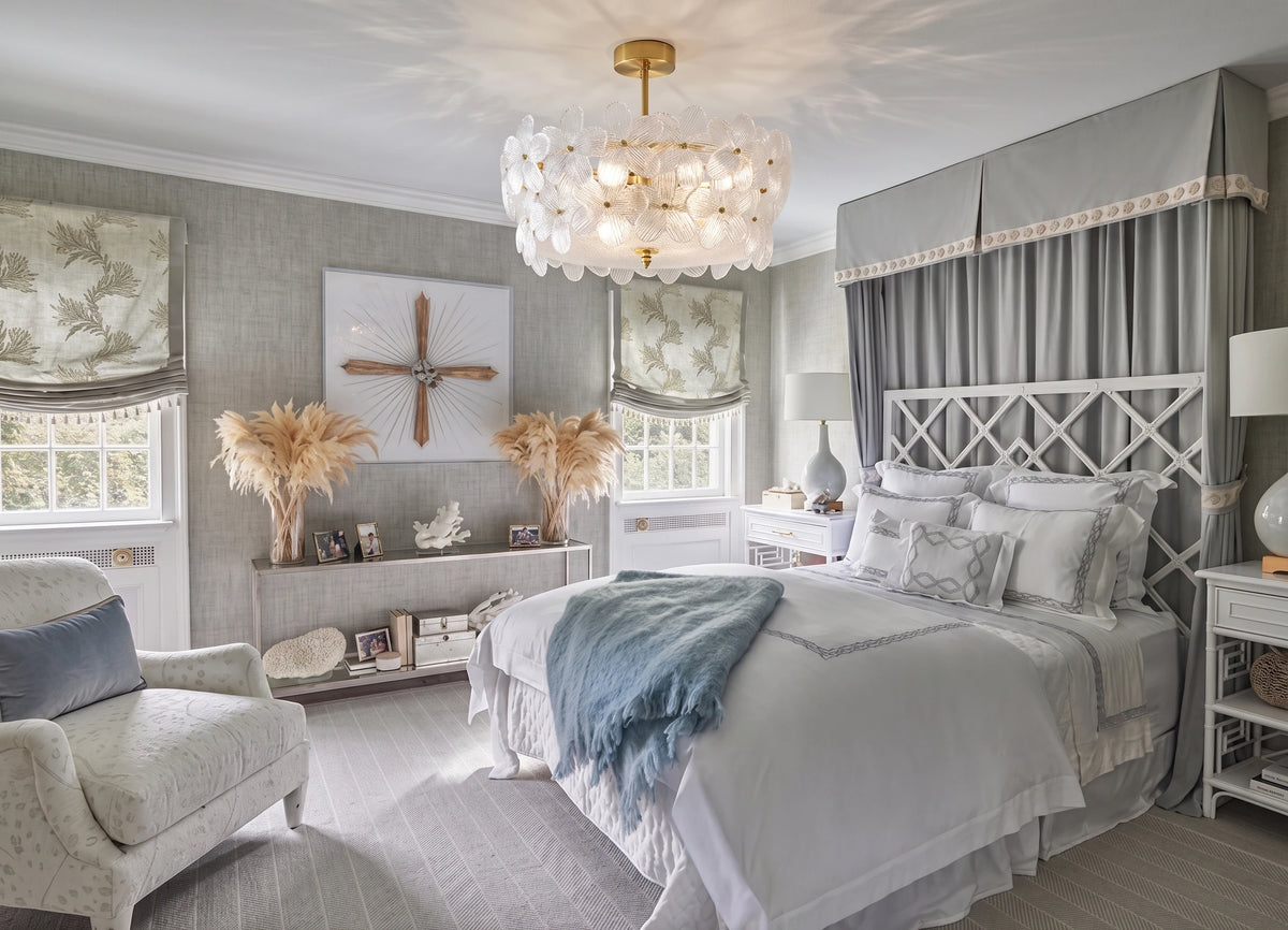 Modern White Floral Art Glass Ceiling Light in Bedroom Interior
