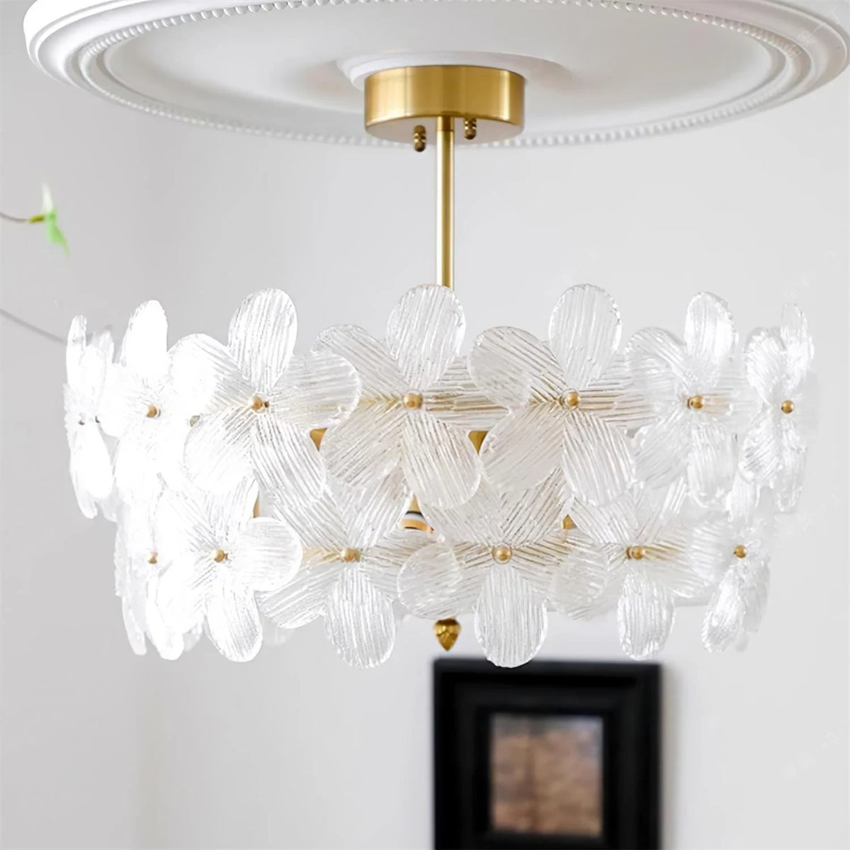 Front View of Illuminated Modern White Floral Art Glass Flush Mount Ceiling Light