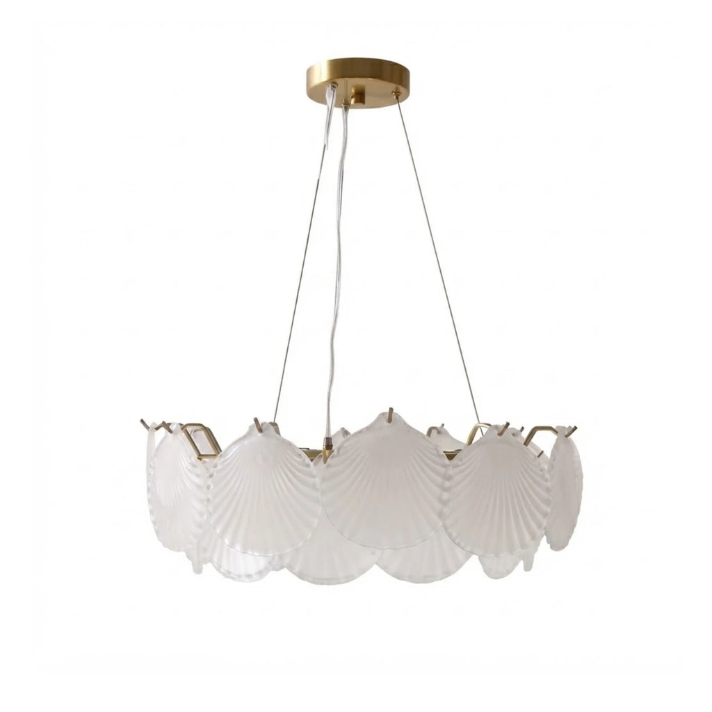 Modern Brass and Shell Art Glass Chandelier with Gold Canopy on Pure White Background