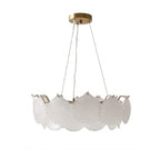 Modern Brass and Shell Art Glass Chandelier with Gold Canopy on Pure White Background