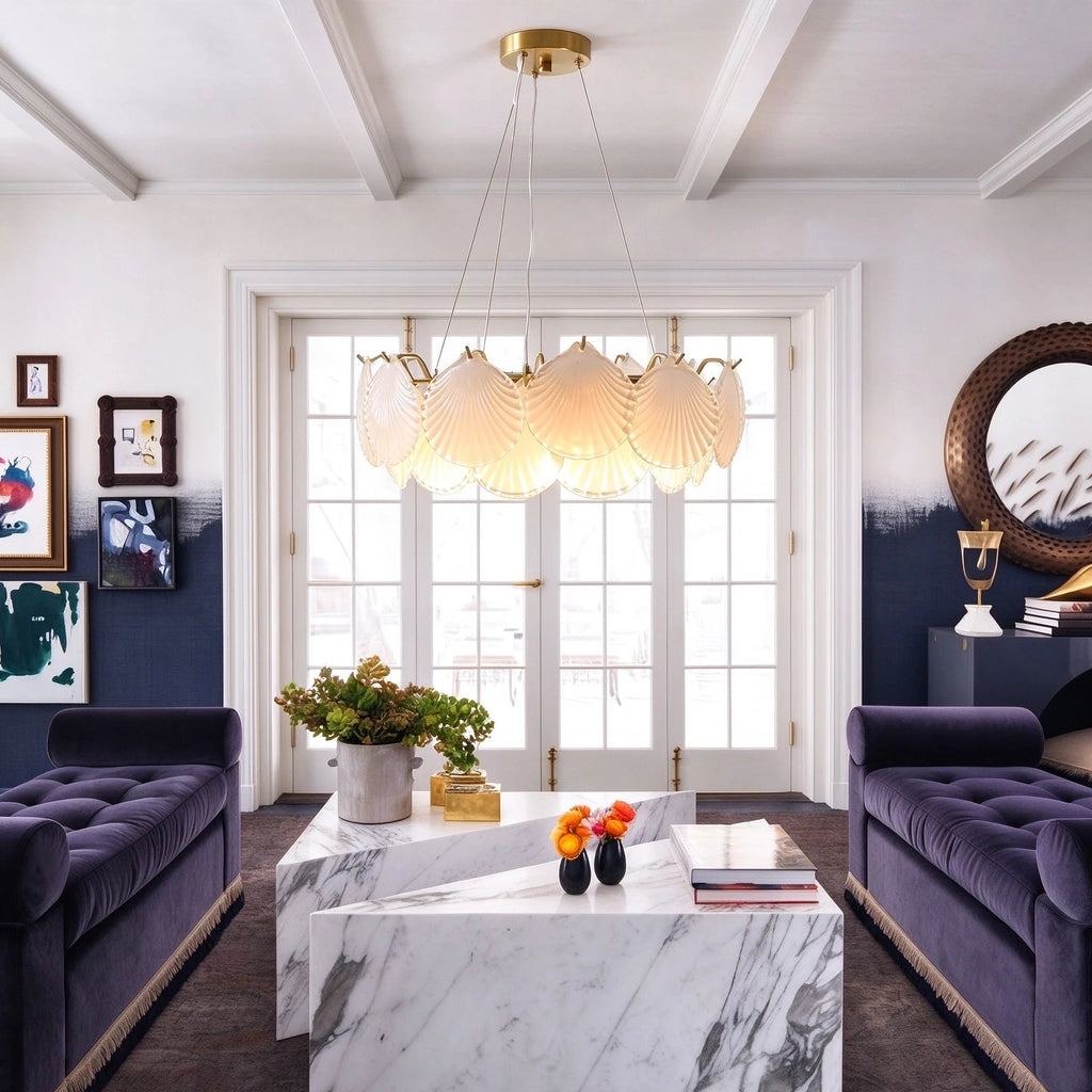Modern Brass Shell Art Glass Chandelier in Formal Living Room