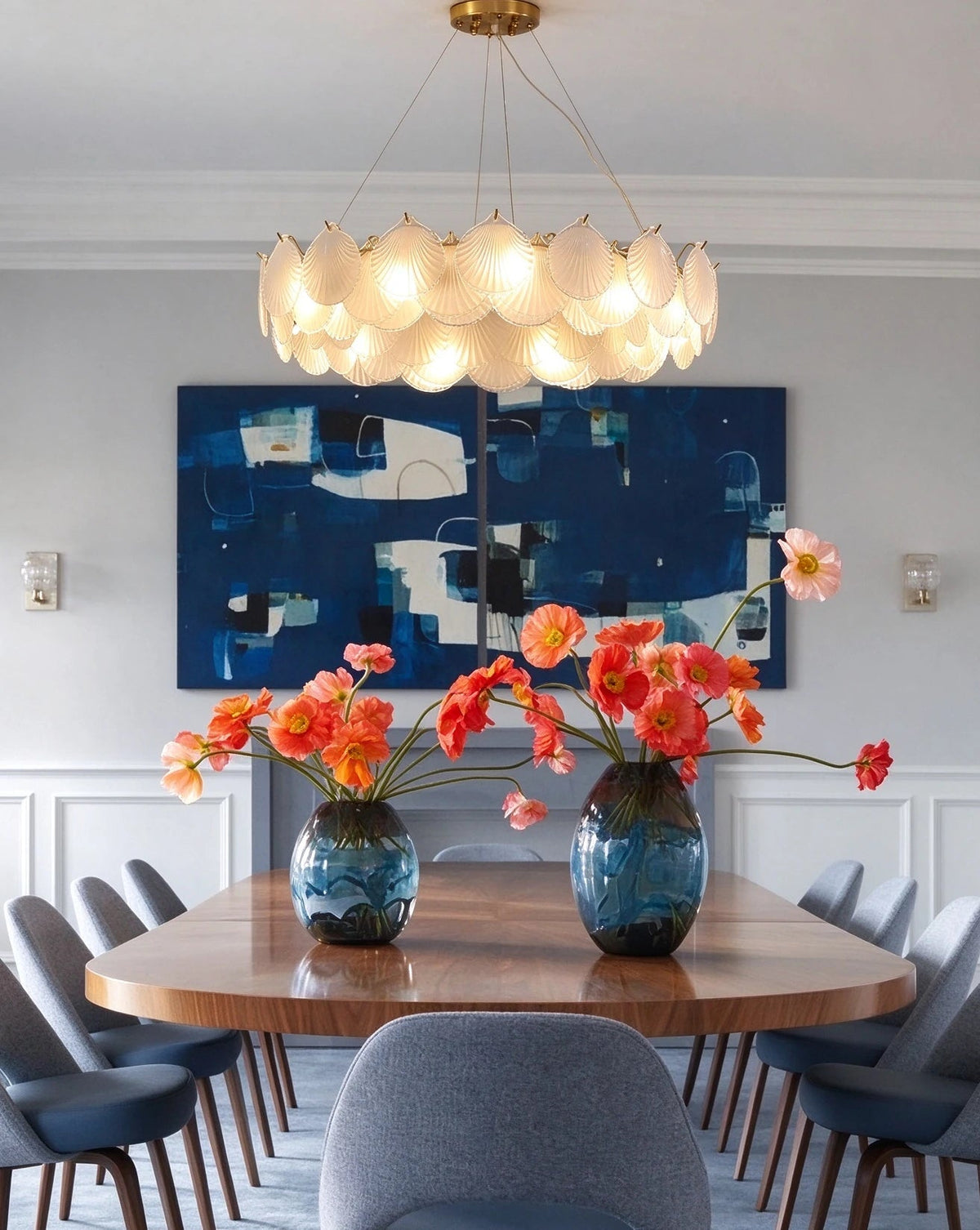 Modern Shell Art Glass Chandelier in Elegant Dining Setting