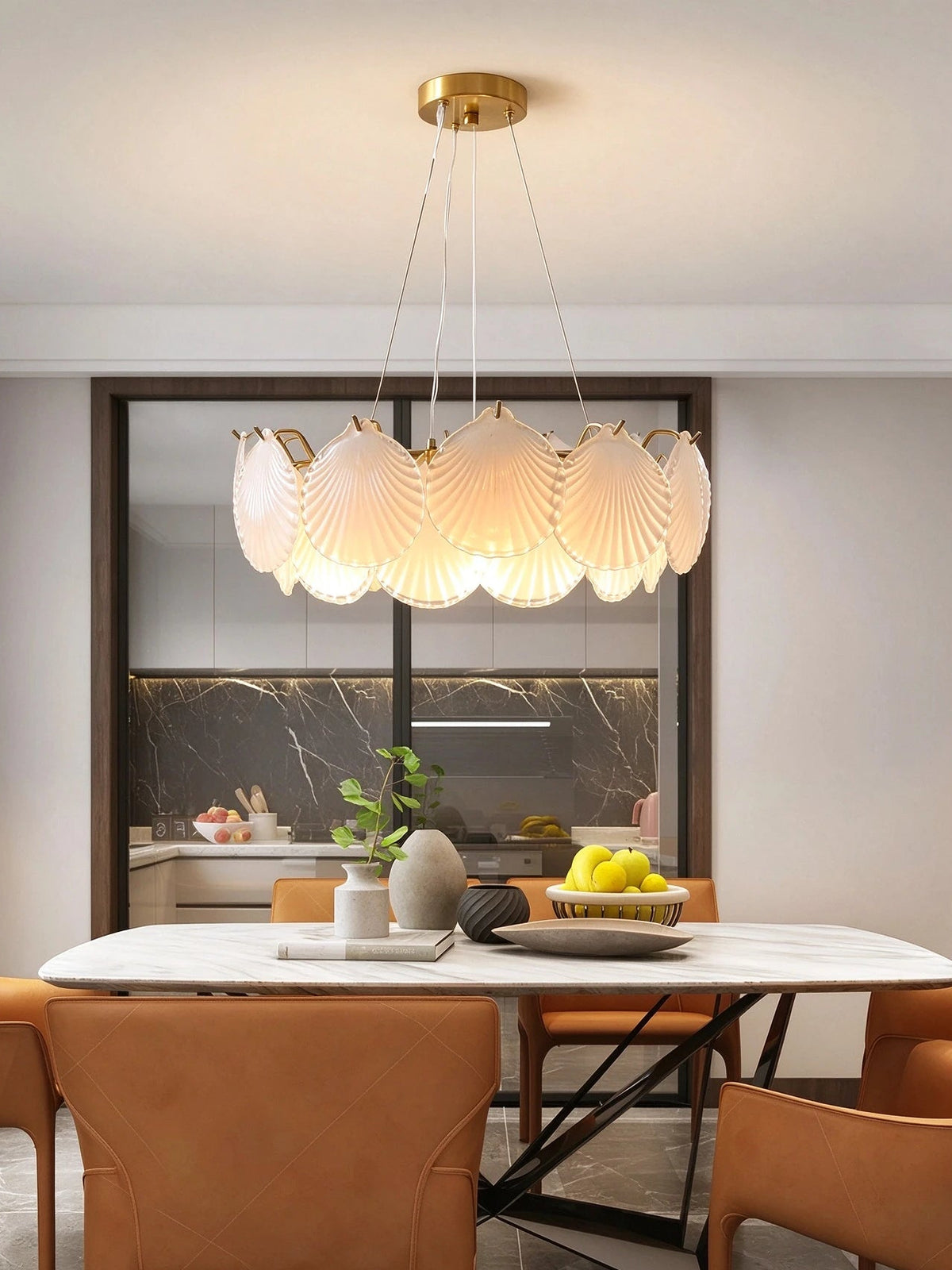 Modern Brass Shell Art Glass Chandelier in Cozy Dining Space