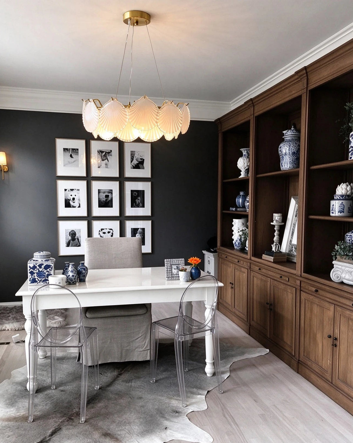 Modern Brass Shell Art Glass Chandelier in Home Office Study Space